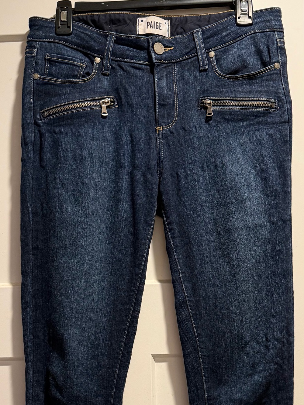 PAIGE Dark Indigo Skinny Jeans with Zip Pocket Detail